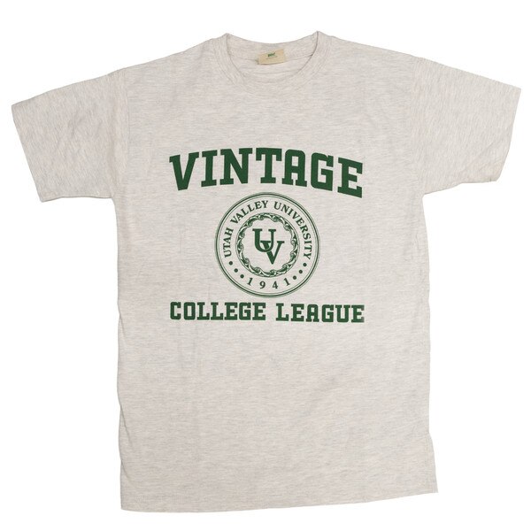 MV Sport light tan tee with “Vintage College League” around a vintage circle UV logo in the middle